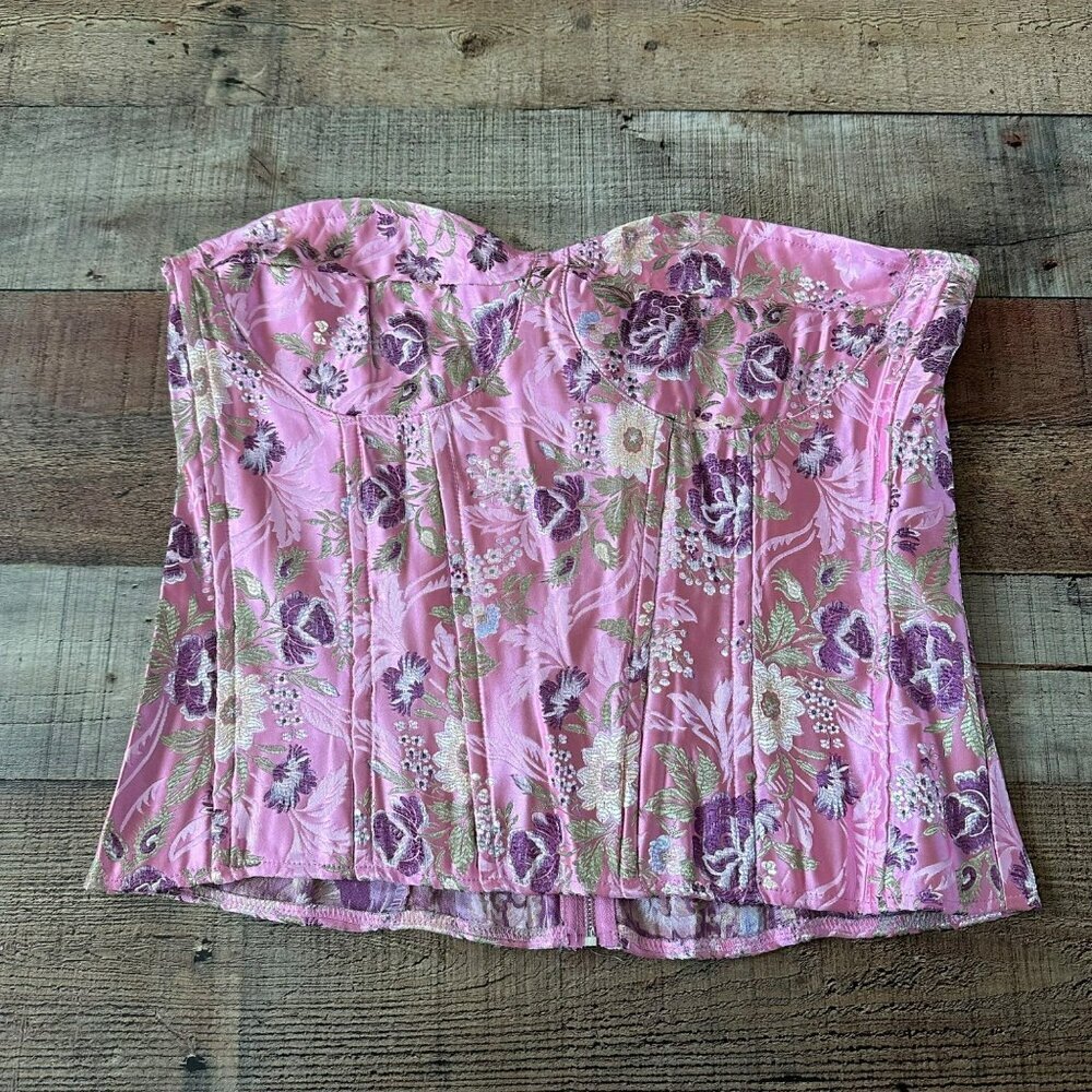 PrettyLittleThing Pink Floral Jacquard Satin Corset Top UK 16 USA 12